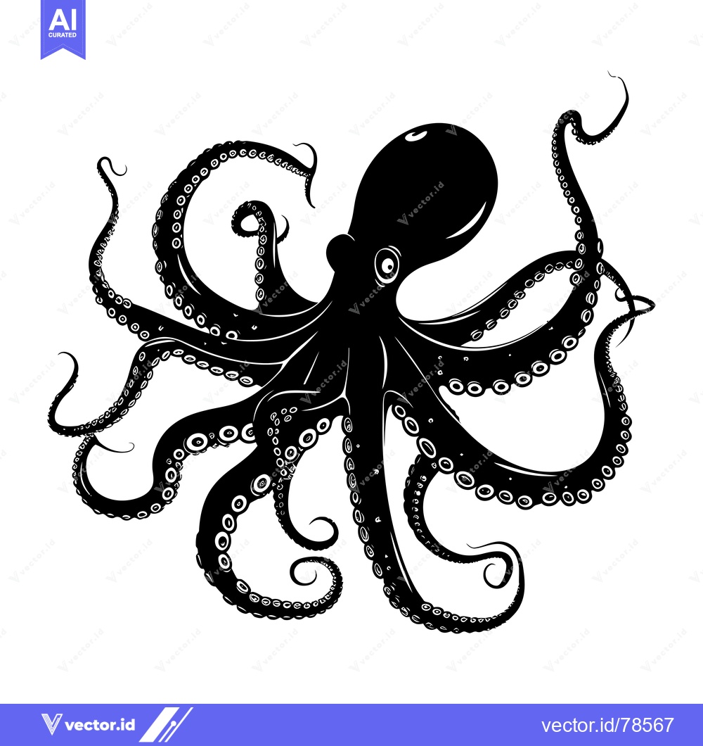 Premium Vector dari Black and White Silhouette of an Octopus with Eight Tentacles