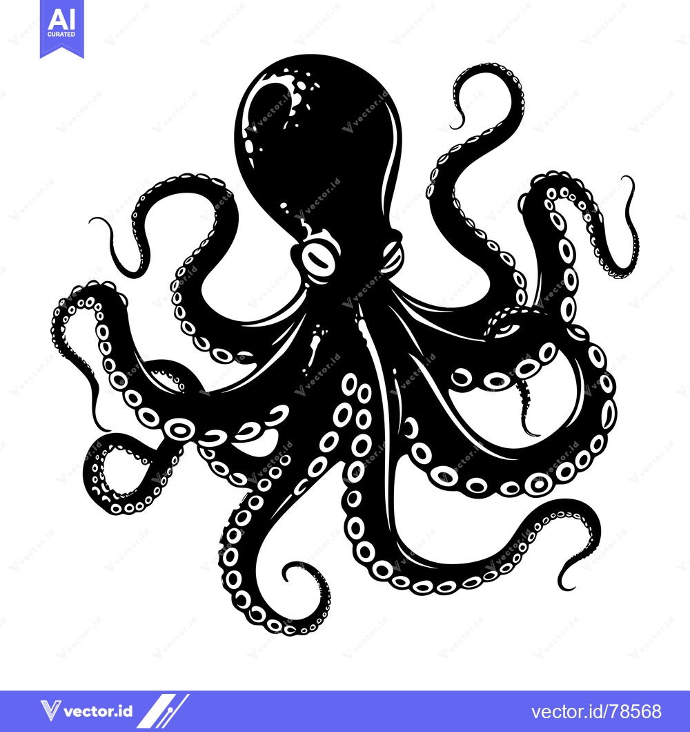 Premium Vector dari Black and White Silhouette of an Octopus with Tentacles Extended