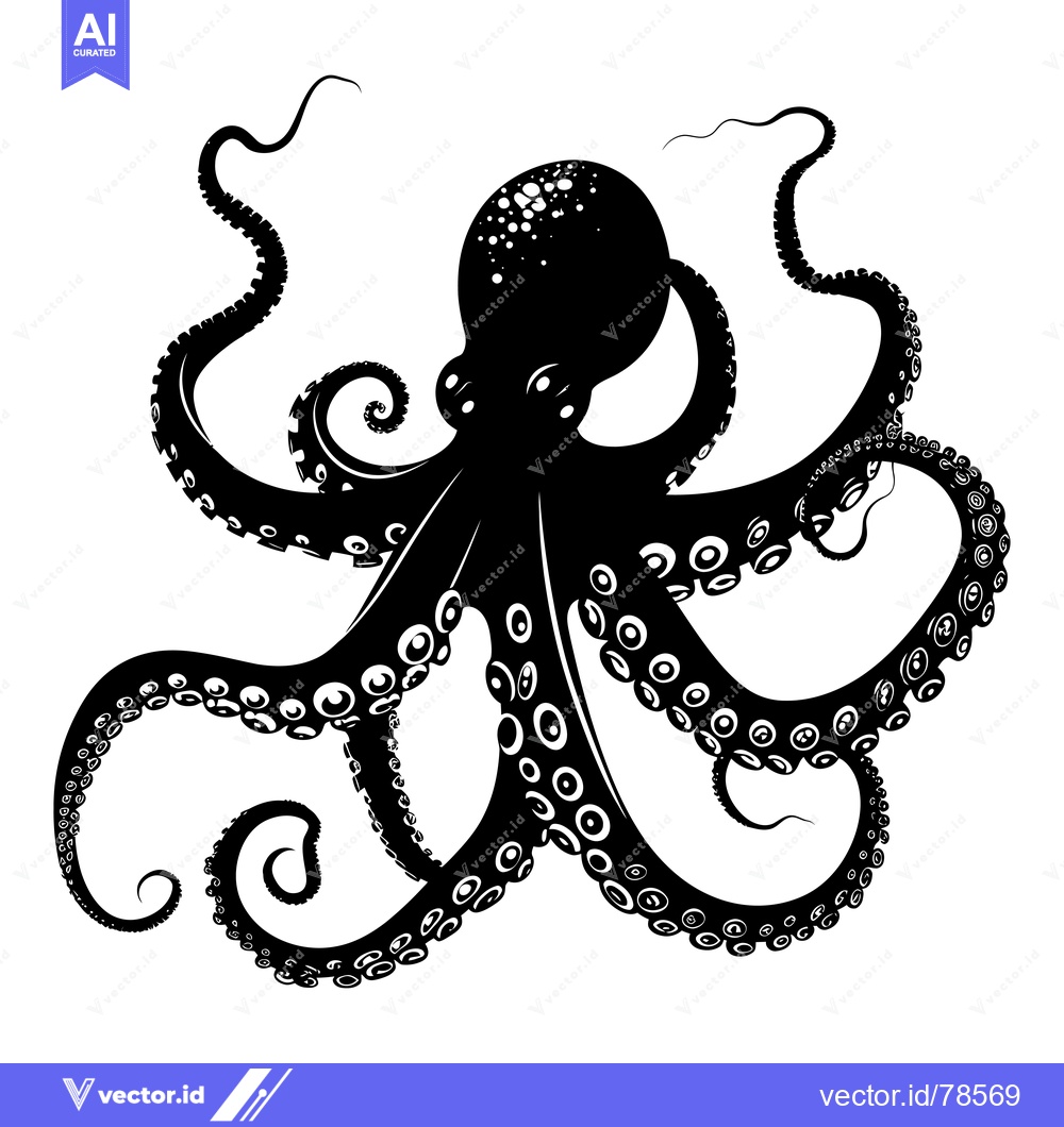 Premium Vector of Black and White Silhouette of an Octopus with Eight Tentacles