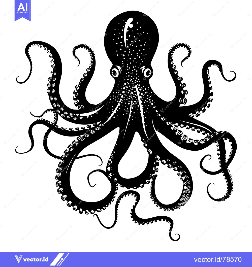 Premium Vector of Black and White Illustration of an Octopus with Eight Tentacles
