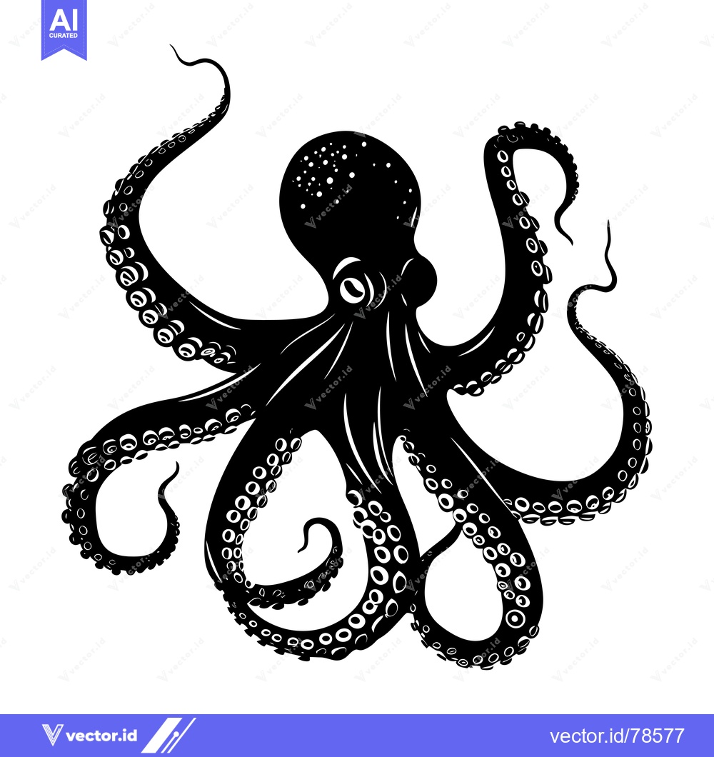 Premium Vector of Black and White Silhouette of an Octopus with Tentacles Extended