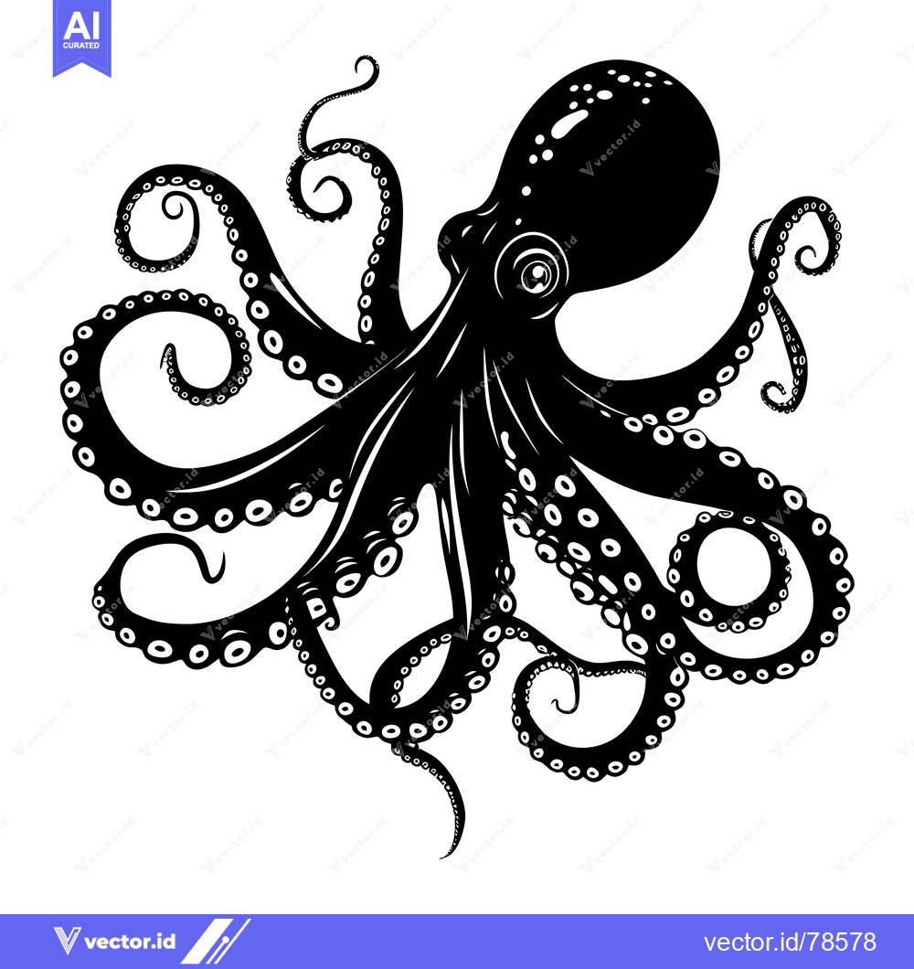 Premium Vector dari Black and White Illustration of an Octopus with Eight Tentacles