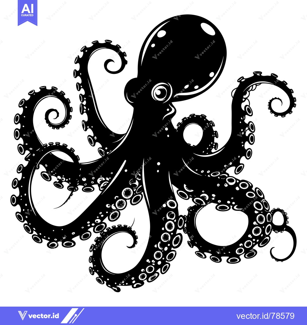 Premium Vector of Black and White Illustration of an Octopus with Tentacles