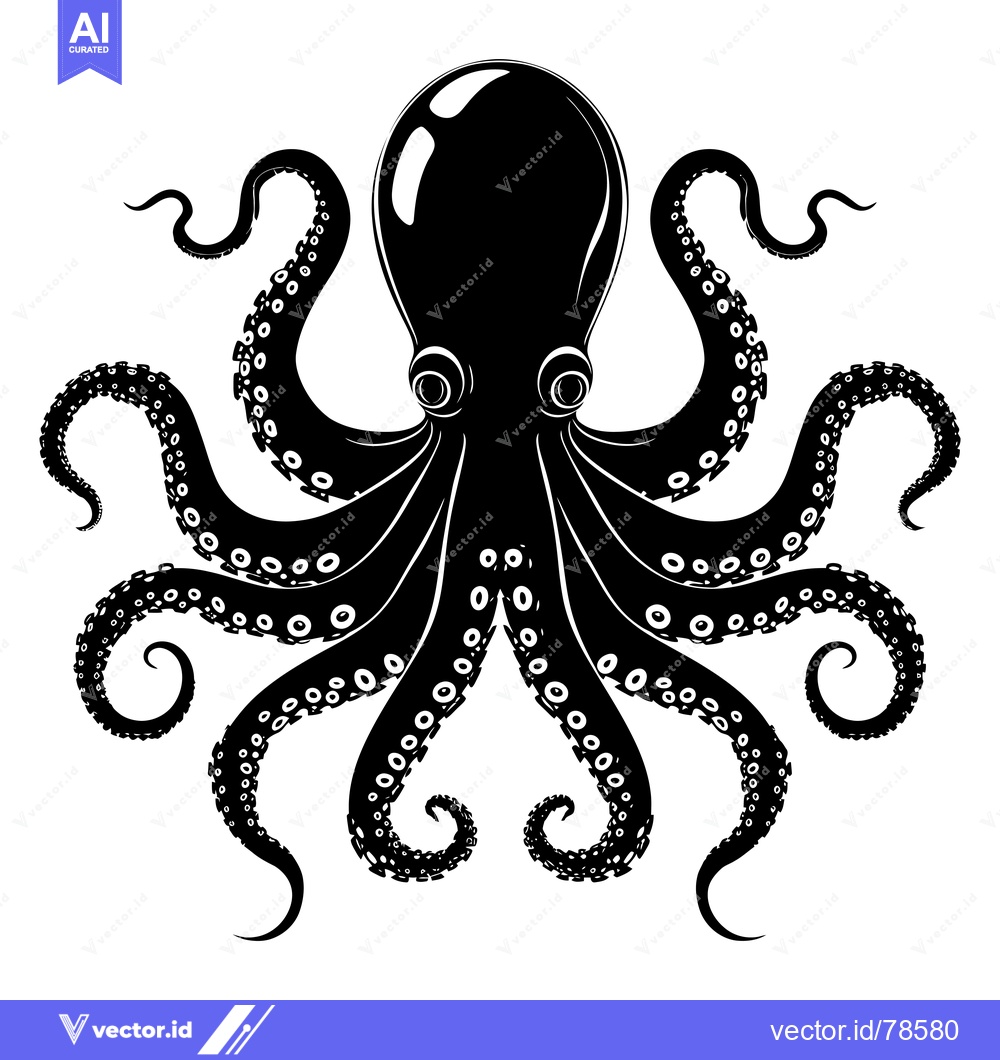 Premium Vector of Black and White Silhouette of an Octopus with Eight Tentacles