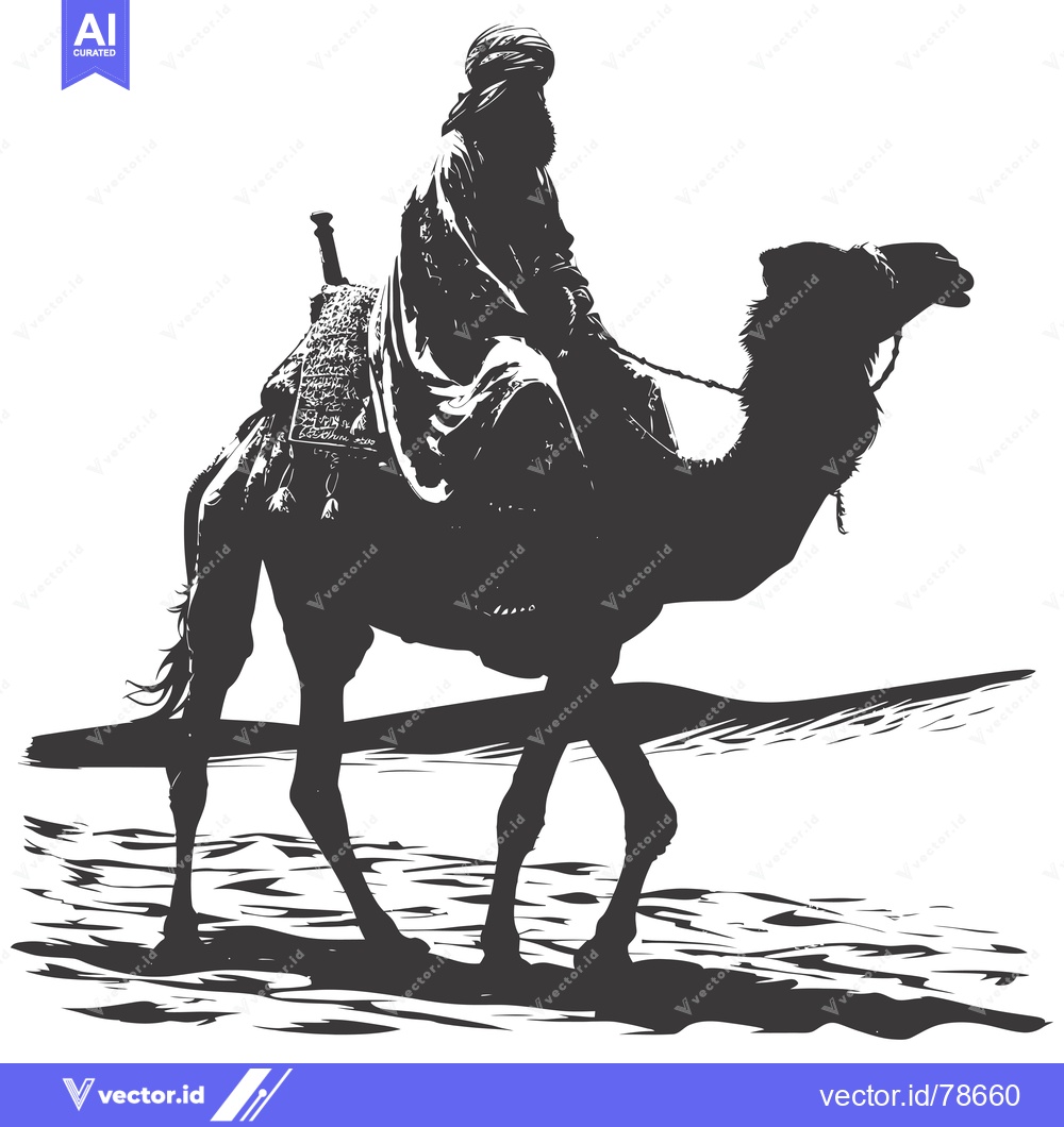 Premium Vector of A Man Riding a Camel Across a Desert Landscape