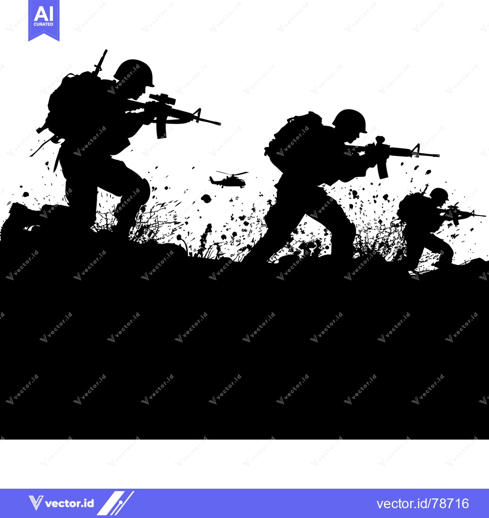 Premium Vector of Three Silhouettes of Soldiers with Rifles and a Helicopter in the Back