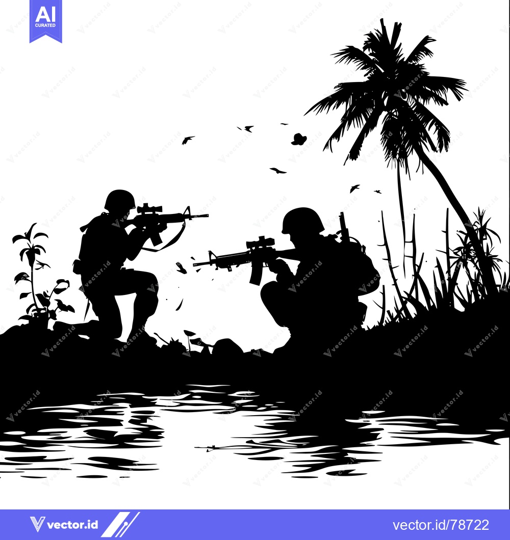 Premium Vector dari Silhouettes of Two Soldiers in a Tropical Setting