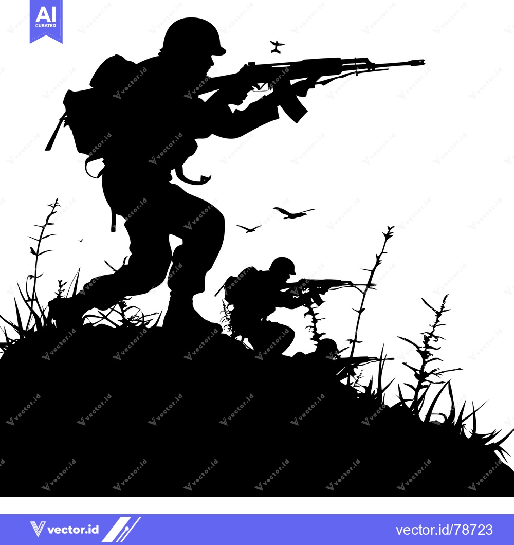 Premium Vector dari Two Silhouettes of Soldiers in Combat Position with Weapons and Grass