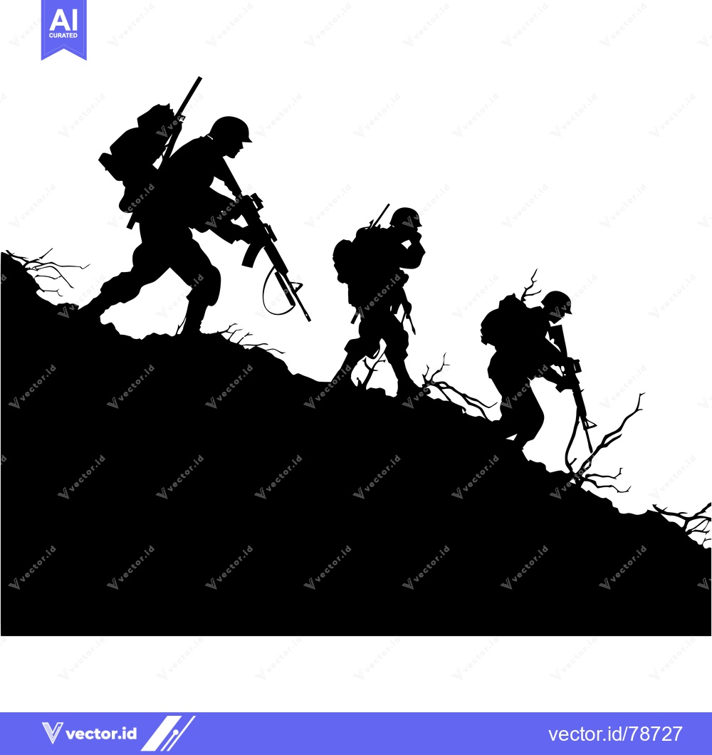 Premium Vector of Silhouettes of three soldiers climbing a hill, carrying weapons and ba
