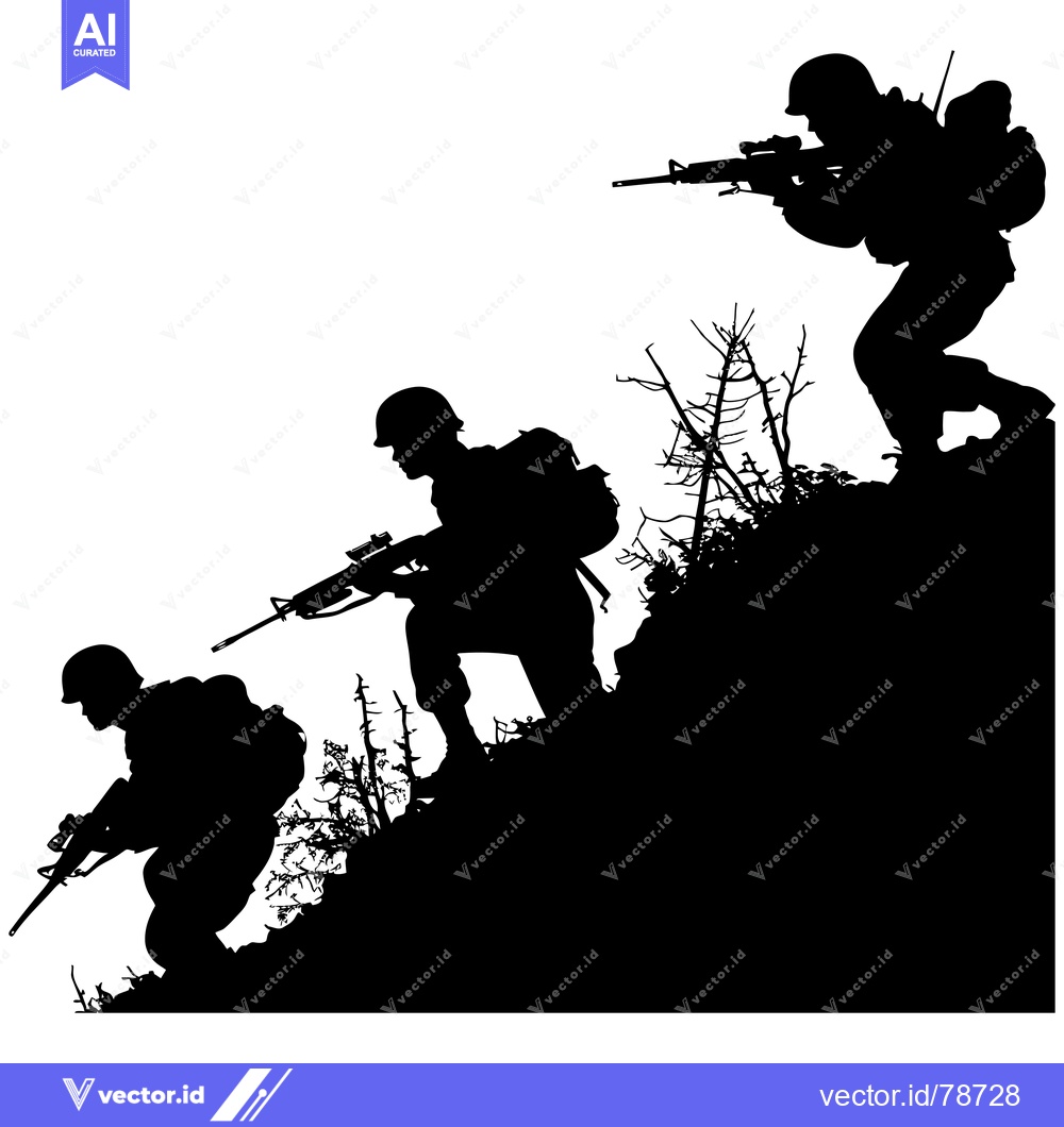 Premium Vector dari Three Silhouettes of Soldiers Climbing a Hill with Rifles