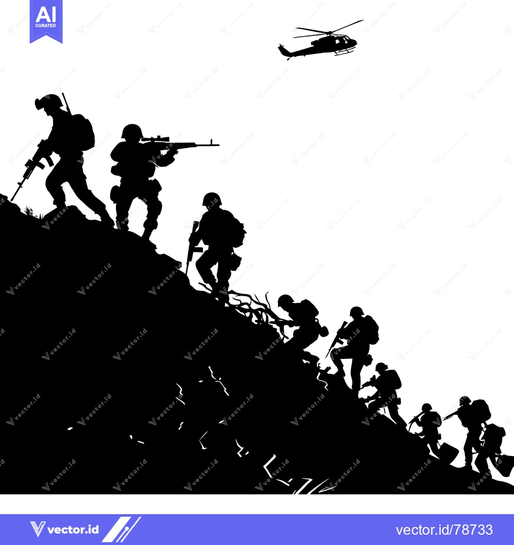 Premium Vector dari Silhouettes of Soldiers Ascending a Hill with a Helicopter Overhead