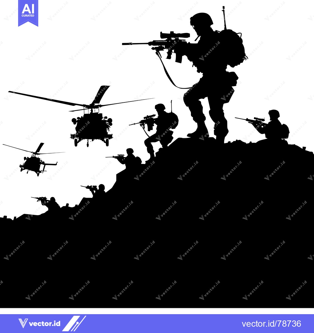 Premium Vector of Silhouettes of soldiers on a hilltop with helicopters flying overhead