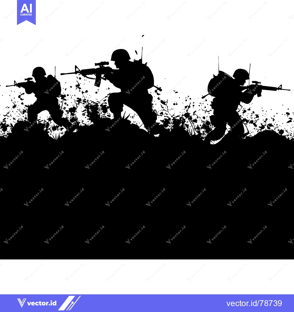 Premium Vector dari Three Silhouettes of Soldiers Holding Rifles in a Battlefield Setting