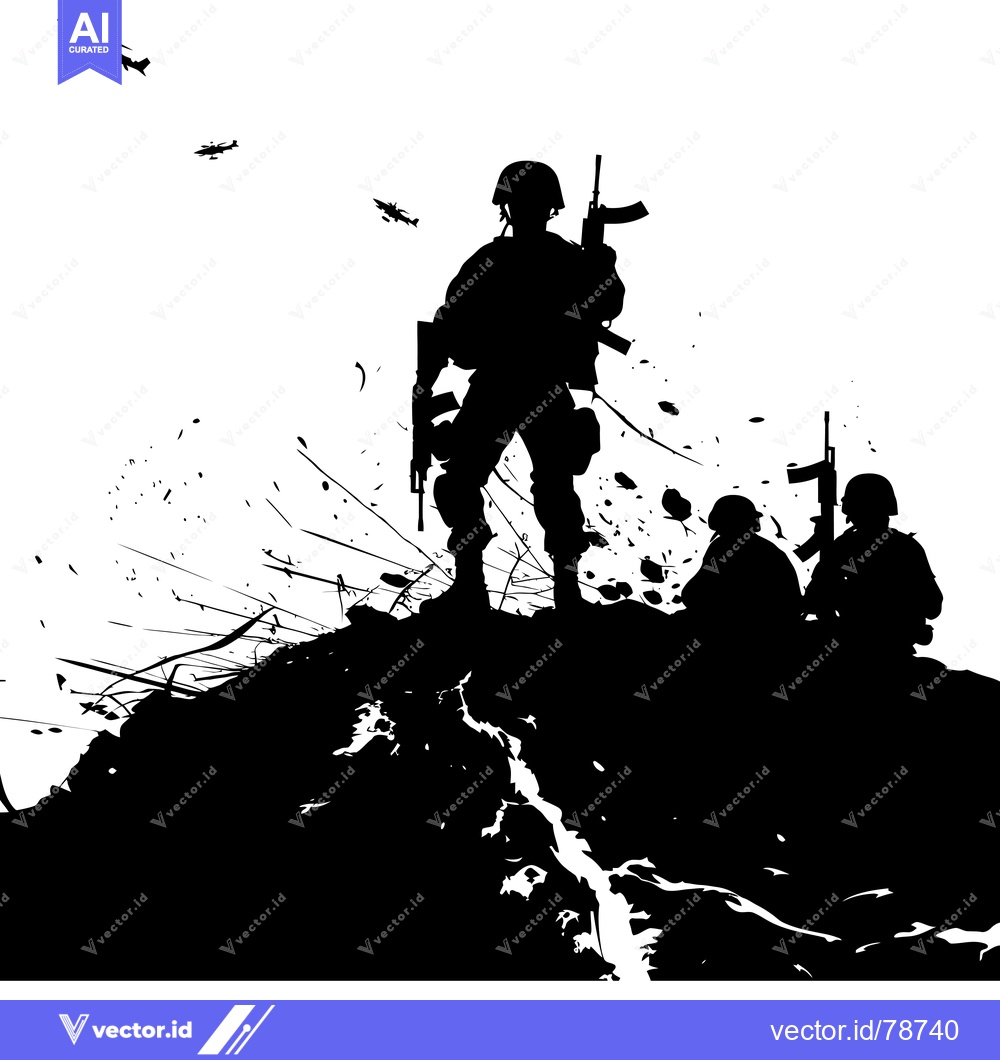 Premium Vector dari Silhouetted Soldiers on a Battlefield with Helicopters Overhead