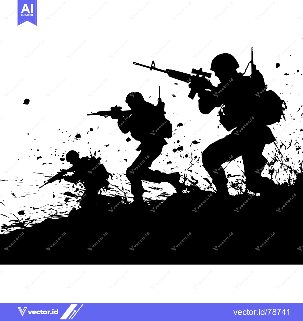 Premium Vector dari Silhouettes of three soldiers with rifles in a combat zone
