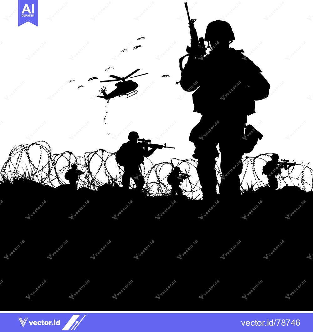 Premium Vector dari Silhouettes of Soldiers with Helicopters and Barbed Wire