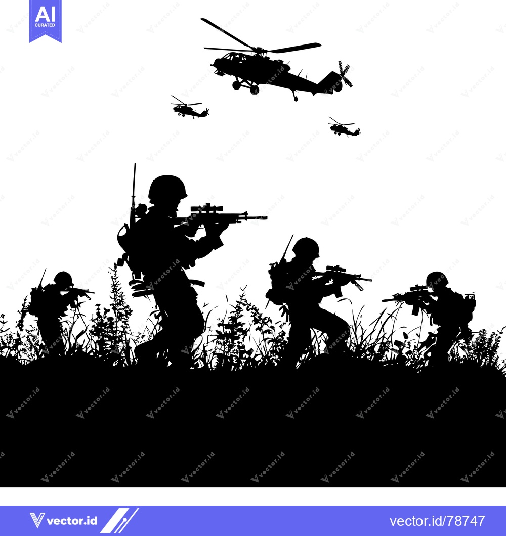 Premium Vector dari Silhouettes of Soldiers and Helicopters in a Grassy Field