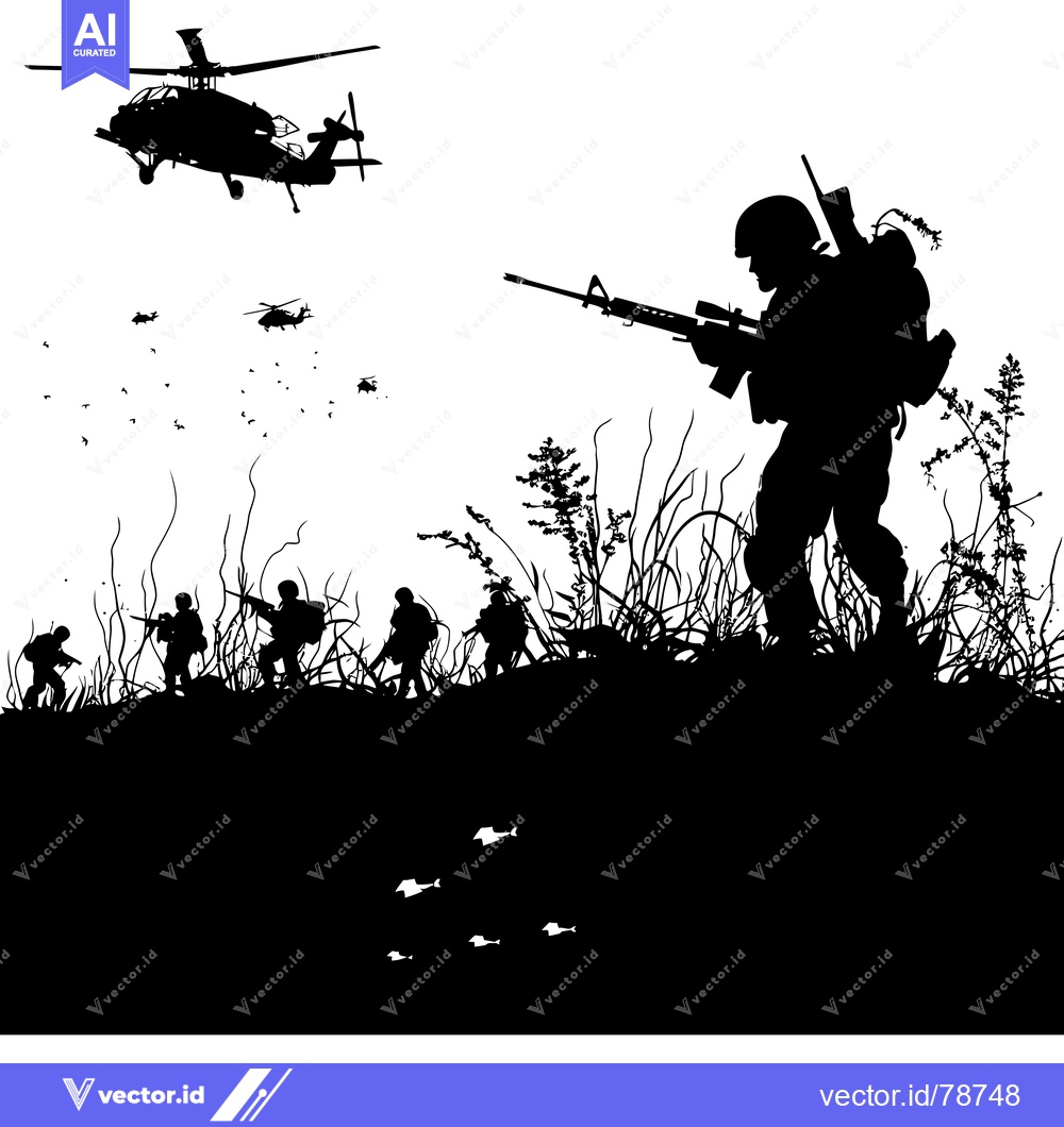 Premium Vector dari Silhouettes of Soldiers and Helicopters in a Field
