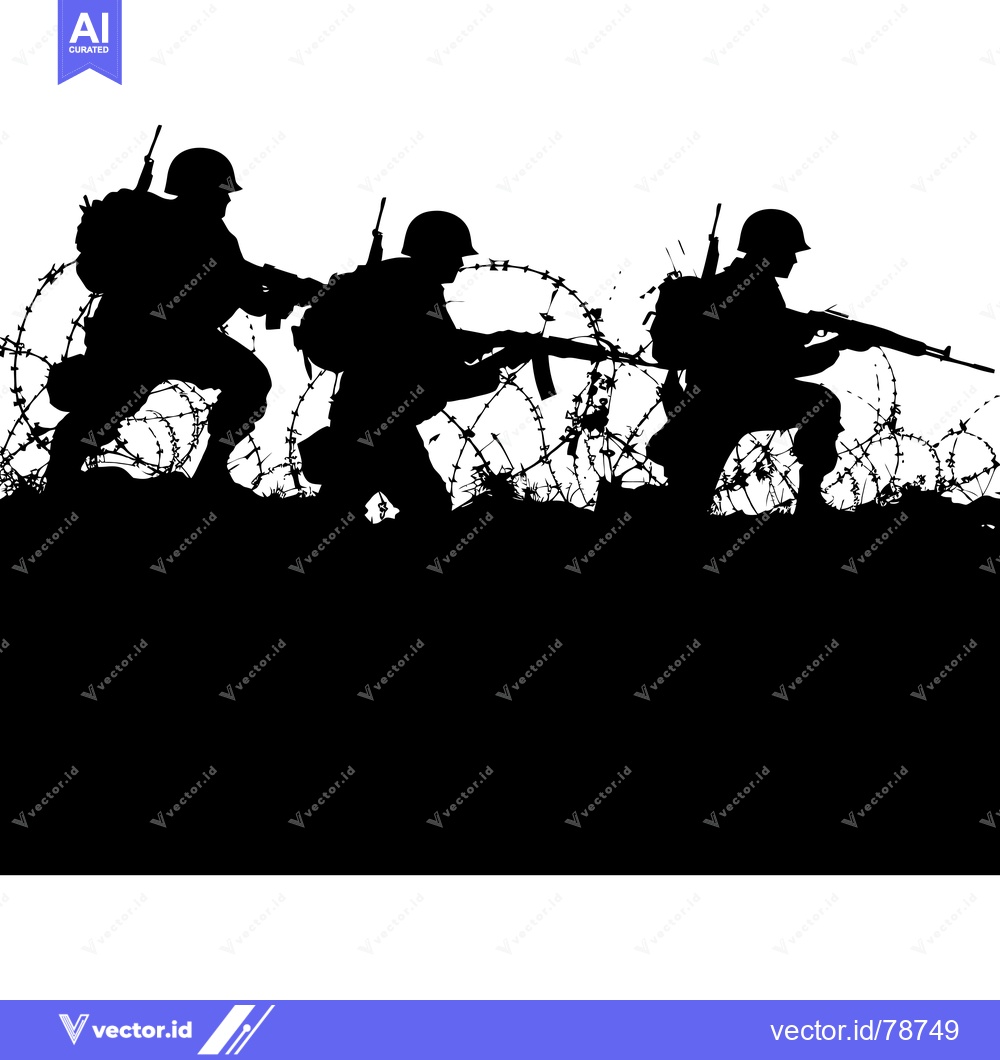 Premium Vector dari Three Silhouetted Soldiers Advancing Through Barbed Wire