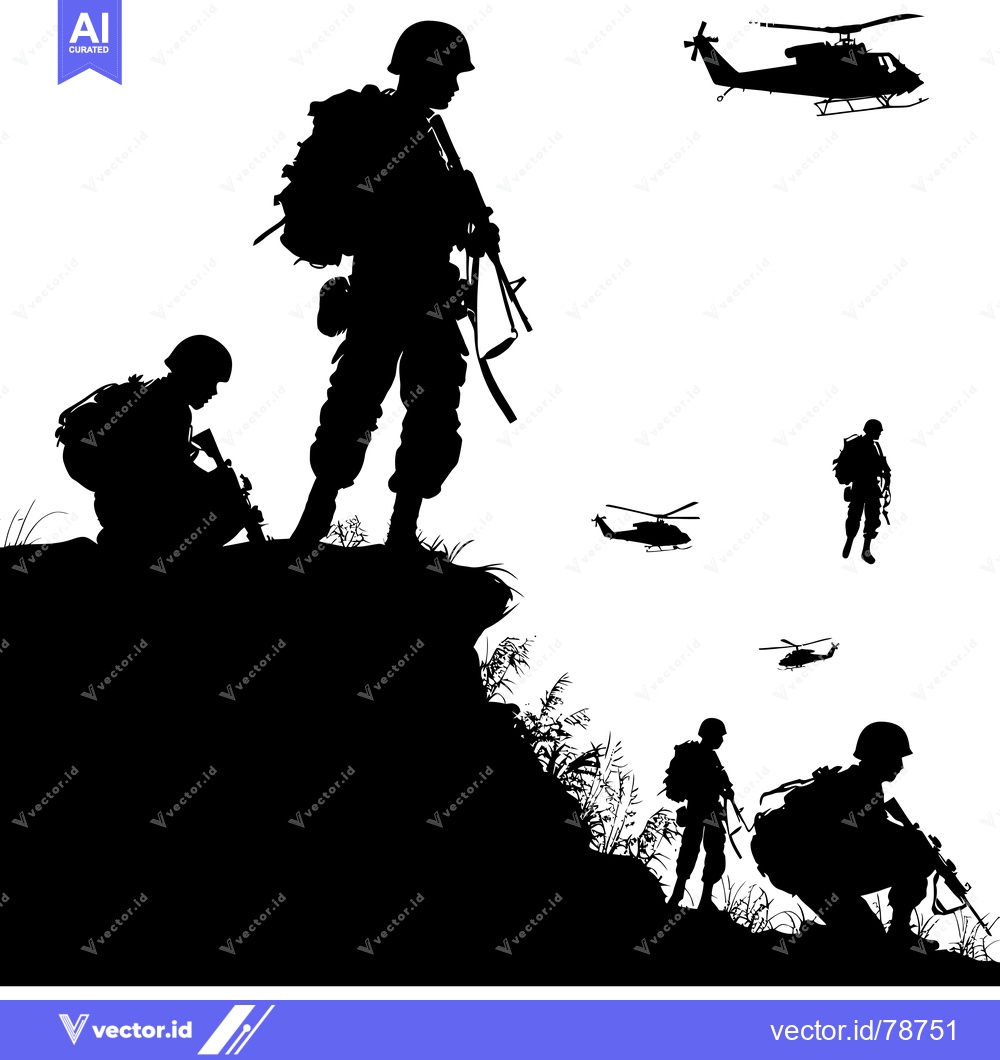 Premium Vector dari Silhouettes of Soldiers and Helicopters in a War Zone