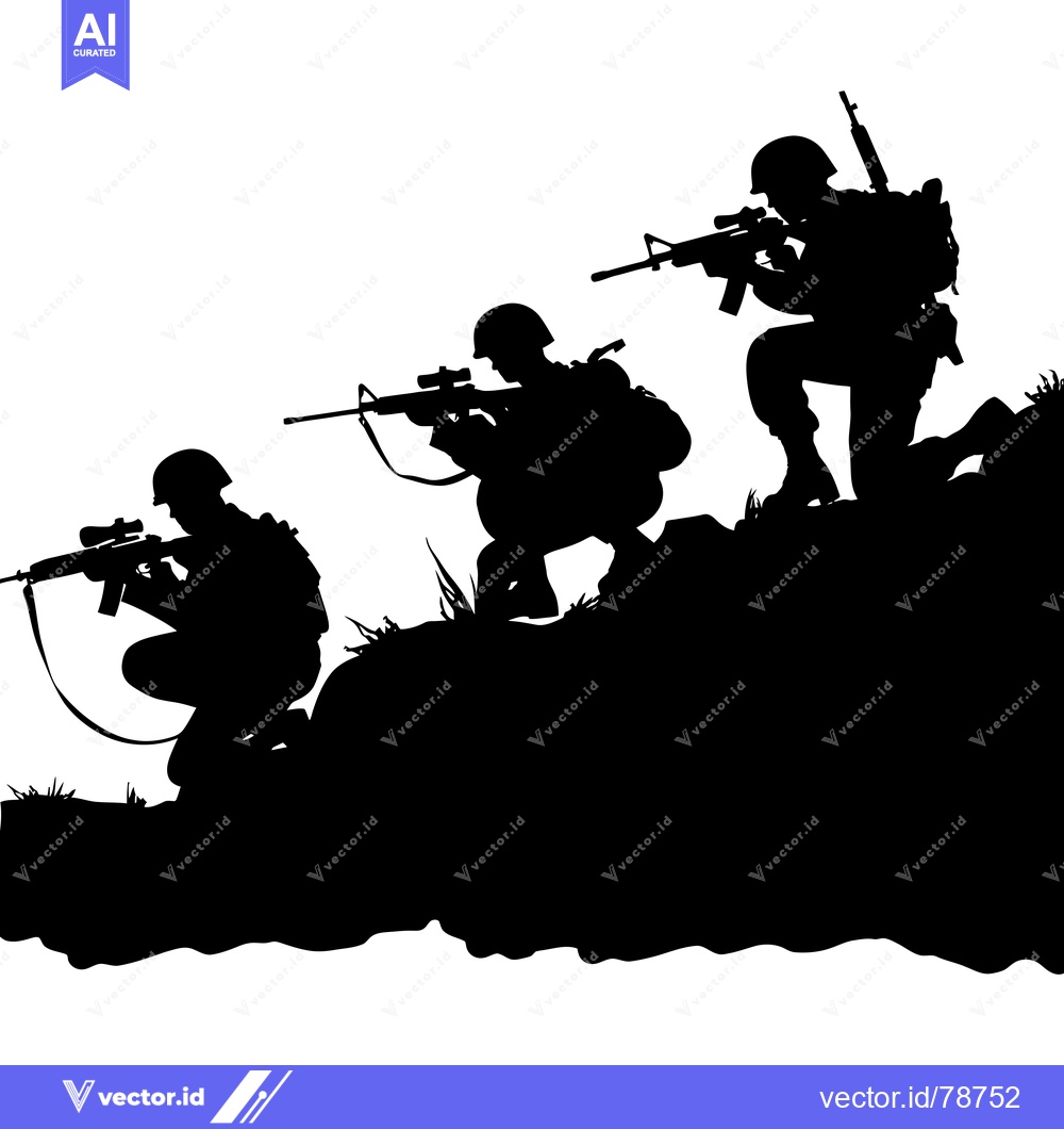 Premium Vector of Three Silhouettes of Soldiers Holding Rifles on a Hillside