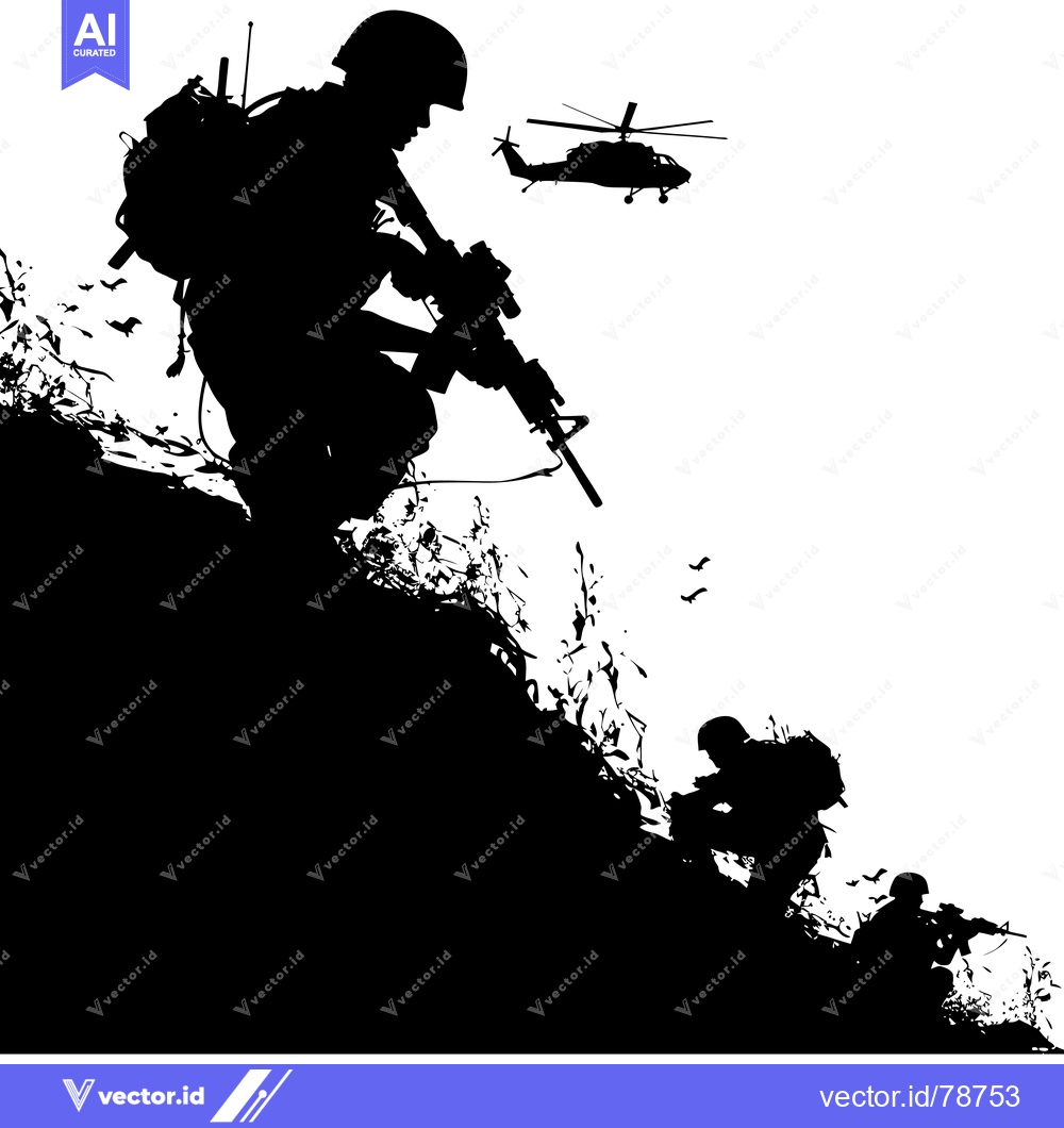 Premium Vector of Silhouettes of soldiers in combat with a helicopter overhead