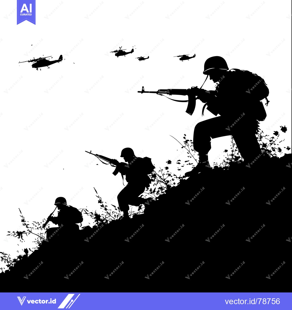 Premium Vector dari Silhouette of Soldiers with Helicopters in the Background
