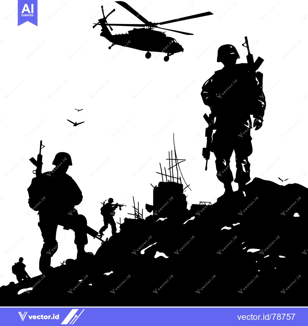 Premium Vector of Soldiers and helicopter silhouette in a warzone with destroyed buildin