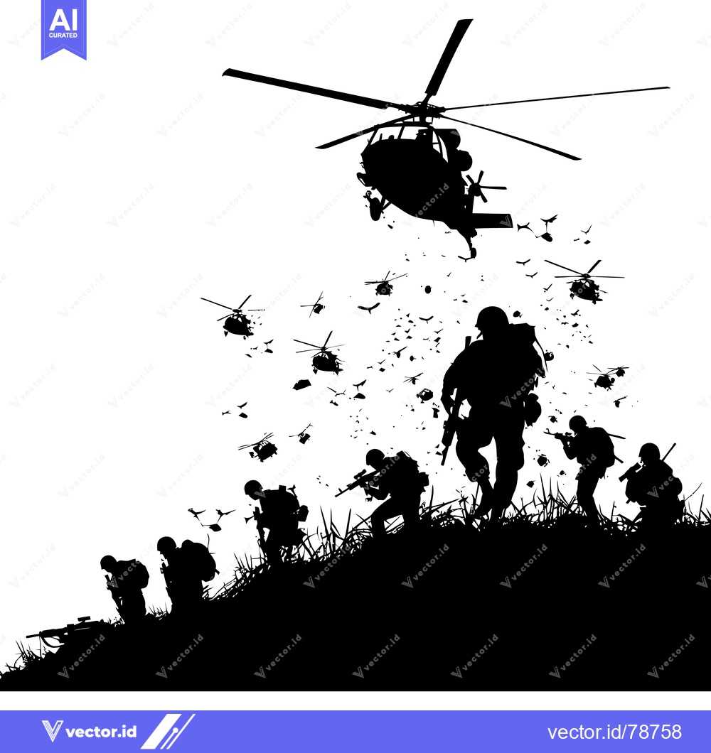 Premium Vector dari Soldiers and helicopters in a war zone, silhouette design