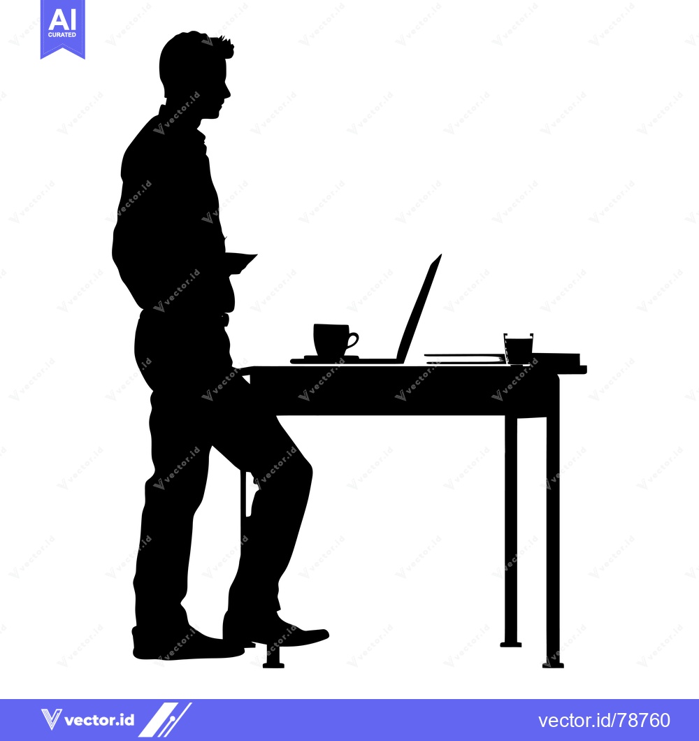 Premium Vector dari Silhouette of a Man Standing at a Desk with a Laptop and a Cup