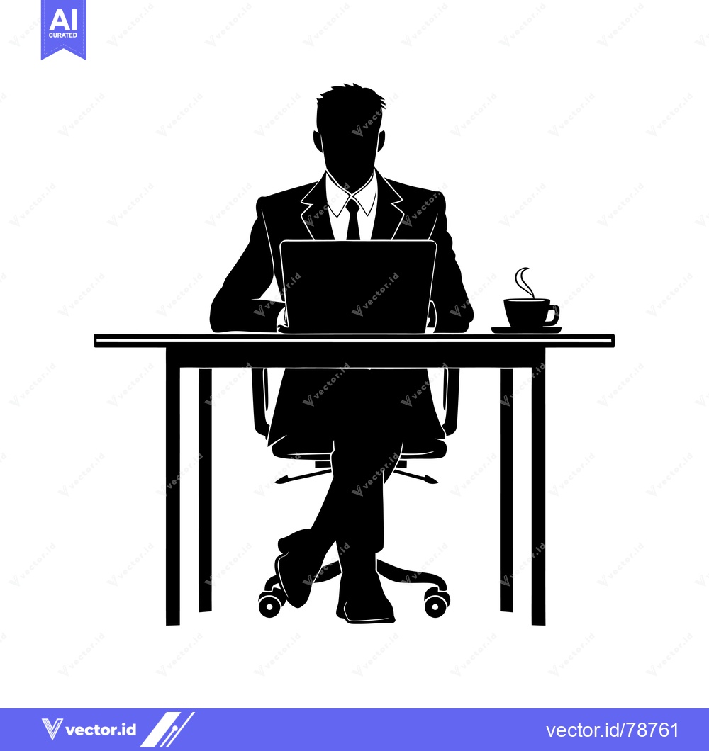 Premium Vector dari Silhouette of a Businessman Sitting at a Desk with a Laptop and Coffee