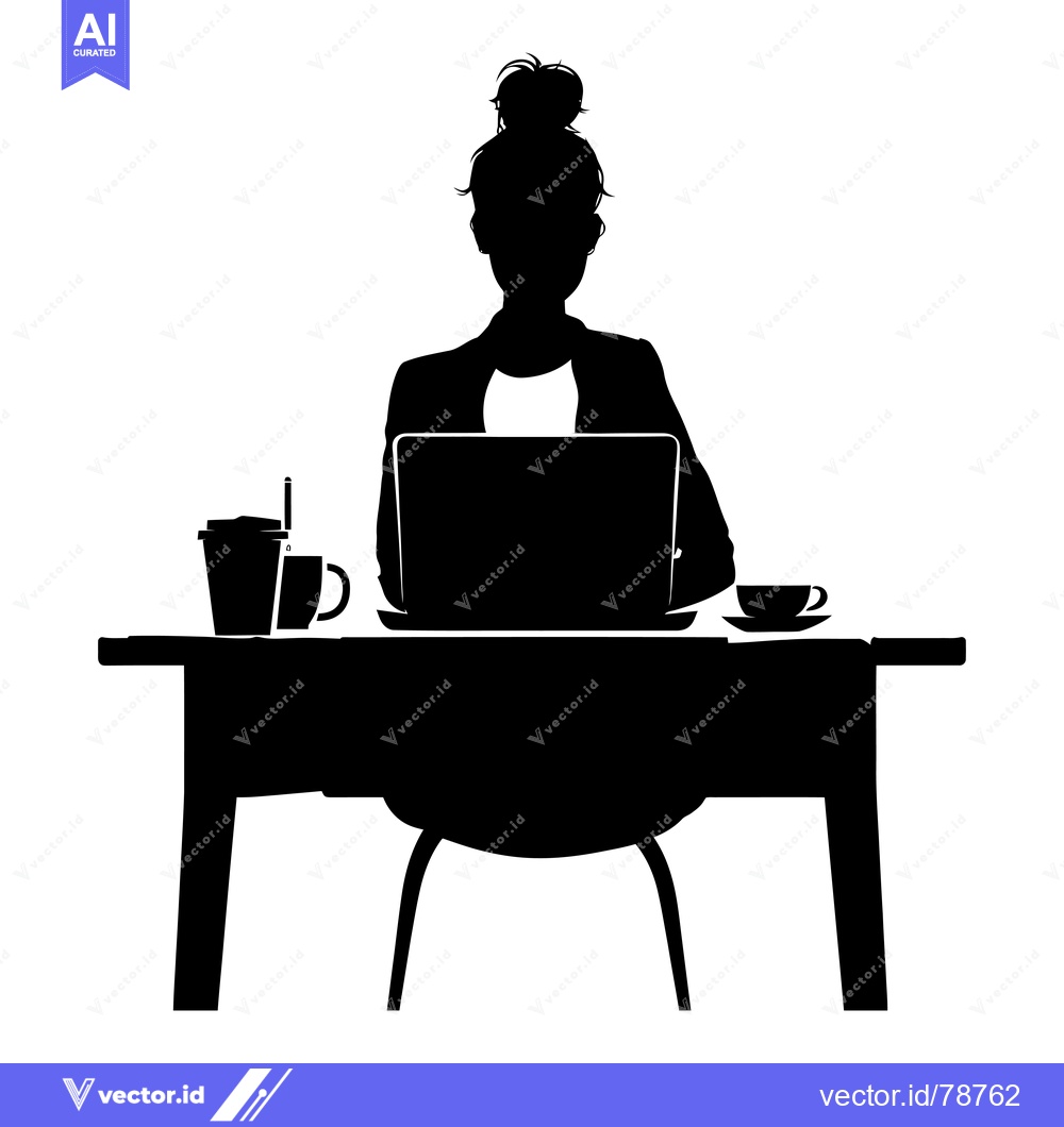 Premium Vector dari Silhouette of a Woman Working at a Desk with a Laptop