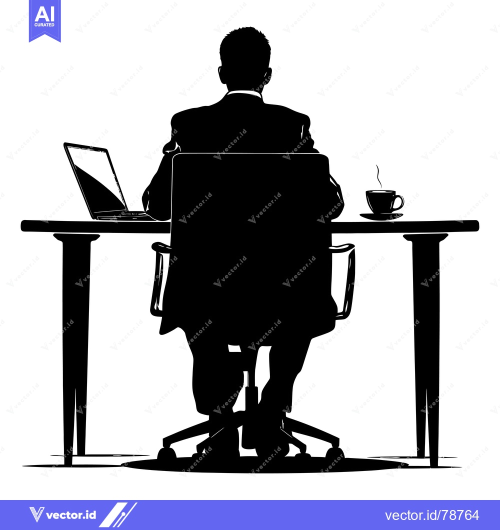 Premium Vector of Silhouette of a Man Sitting at a Desk with a Laptop and a Cup of Coffe