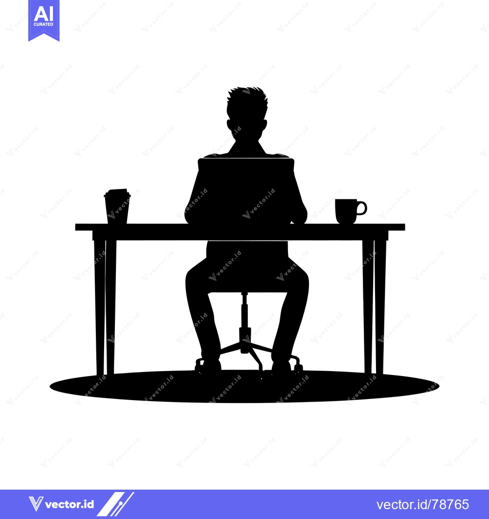 Premium Vector of Silhouette of a Person Sitting at a Desk with a Laptop and Coffee Cups