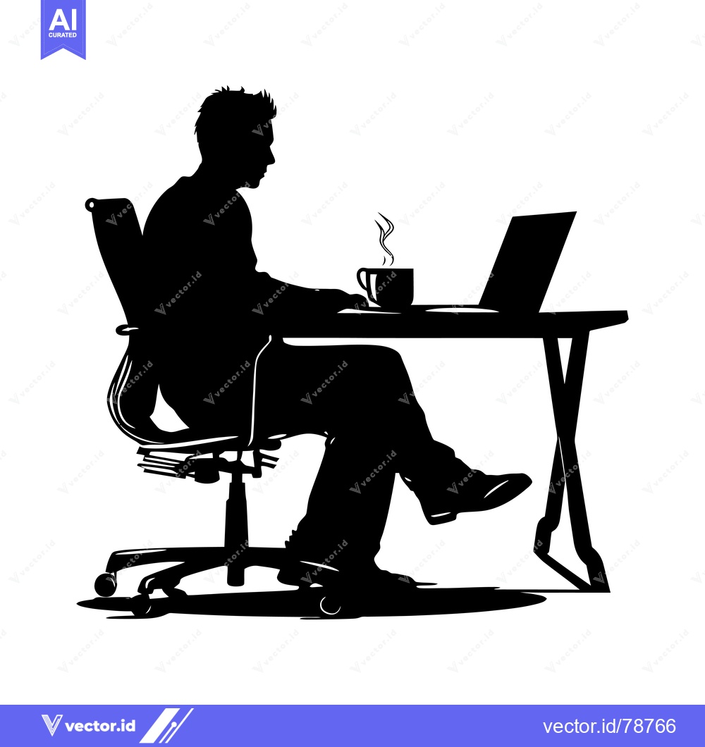 Premium Vector of Silhouette of a person sitting at a desk with a laptop and a cup of co