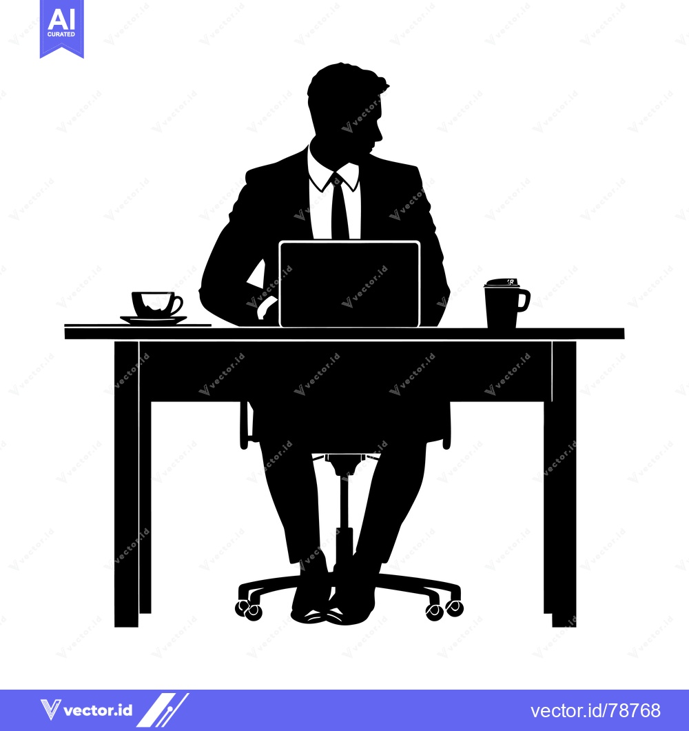 Premium Vector of Silhouette of a Man Sitting at a Desk with a Laptop, Coffee Cup, and T