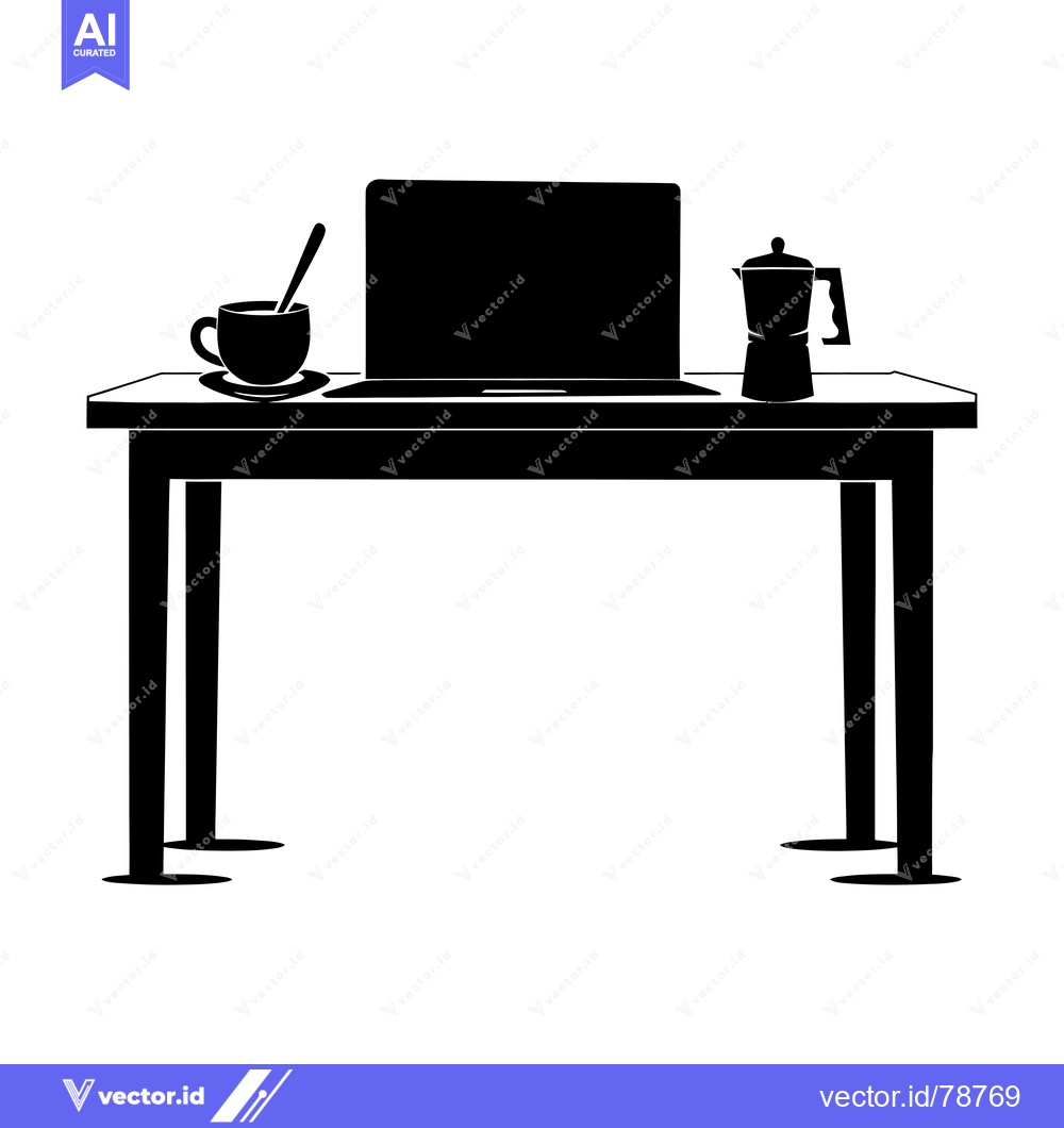 Premium Vector dari A Black Silhouette of a Desk with a Laptop, Cup, and Coffee Pot