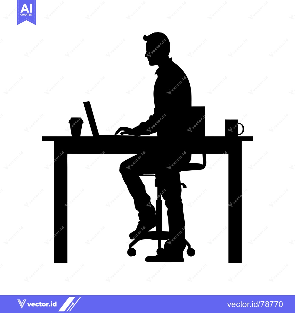 Premium Vector dari Silhouette of a Man Working at a Desk with a Laptop and Coffee Cups