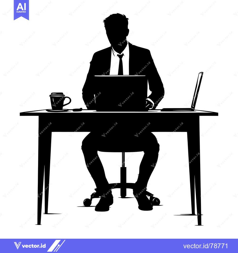 Premium Vector of Silhouette of a Man Working at a Desk with a Laptop and Coffee