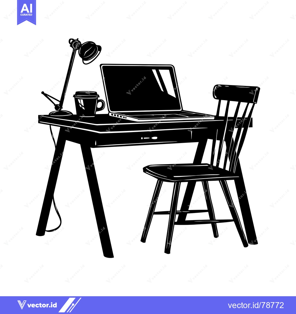 Premium Vector dari Black and White Silhouette of a Desk with a Laptop, Lamp, Coffee Cup,