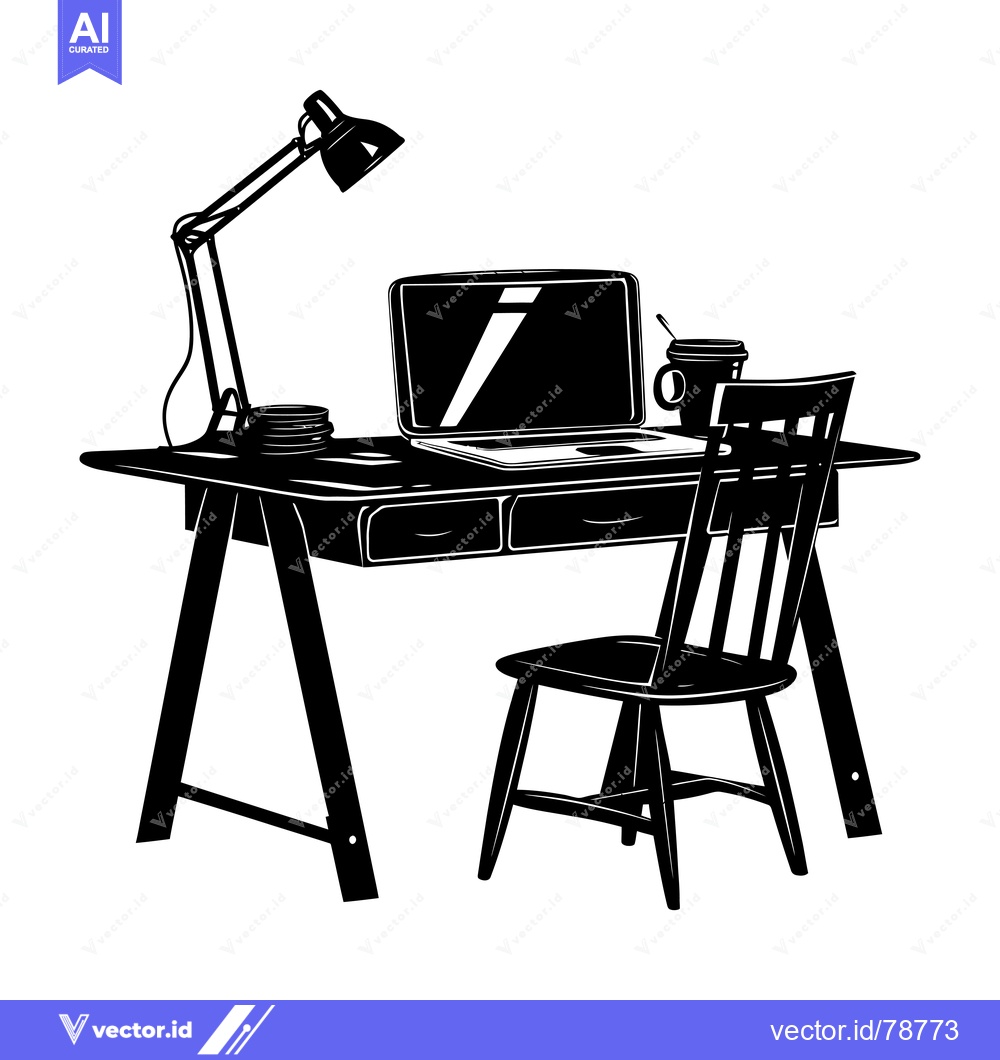 Premium Vector dari Black and White Illustration of a Desk with a Chair, Laptop, and Lamp