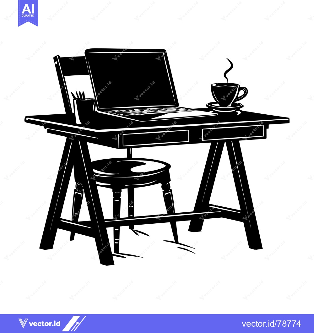 Premium Vector dari Silhouette of a Desk with a Laptop, Chair, and Coffee Cup
