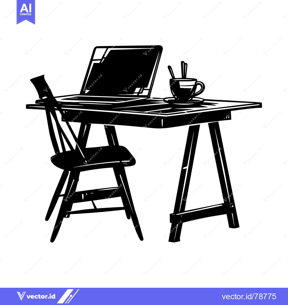 Premium Vector of A Black and White Illustration of a Desk with a Chair, a Laptop, and a