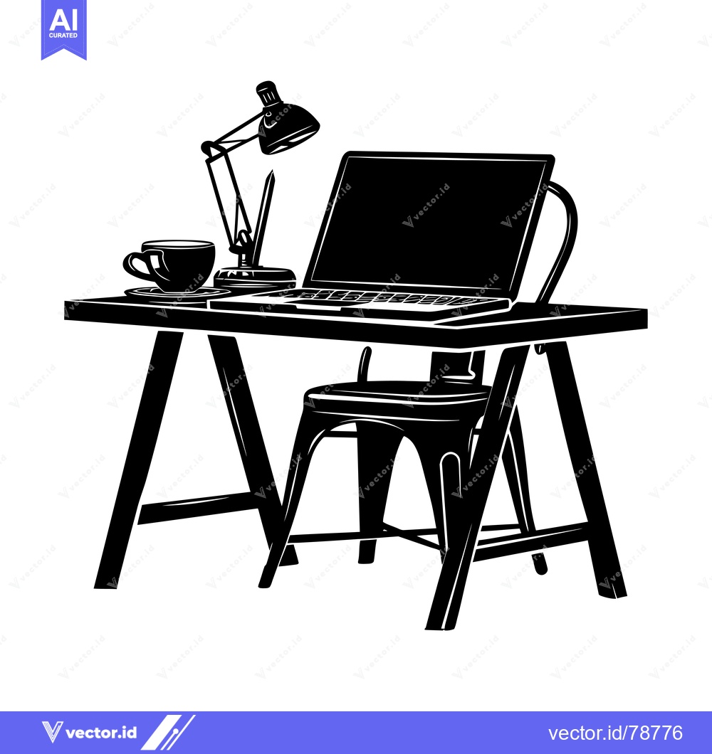 Premium Vector dari Black and White Silhouette of a Desk with Laptop, Chair, Lamp and Coff