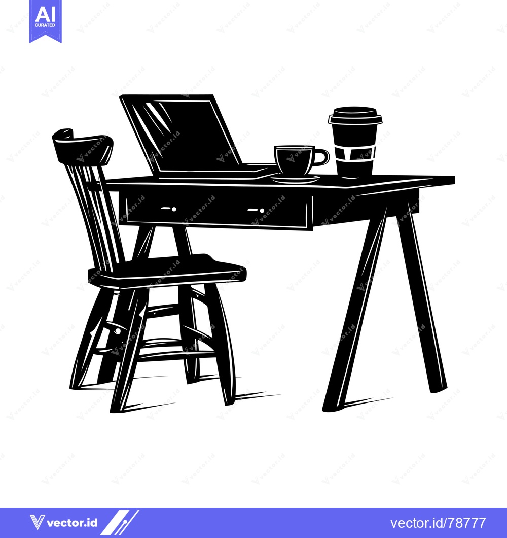 Premium Vector dari Black and White Silhouette of a Desk, Chair, Laptop, and Coffee Cups