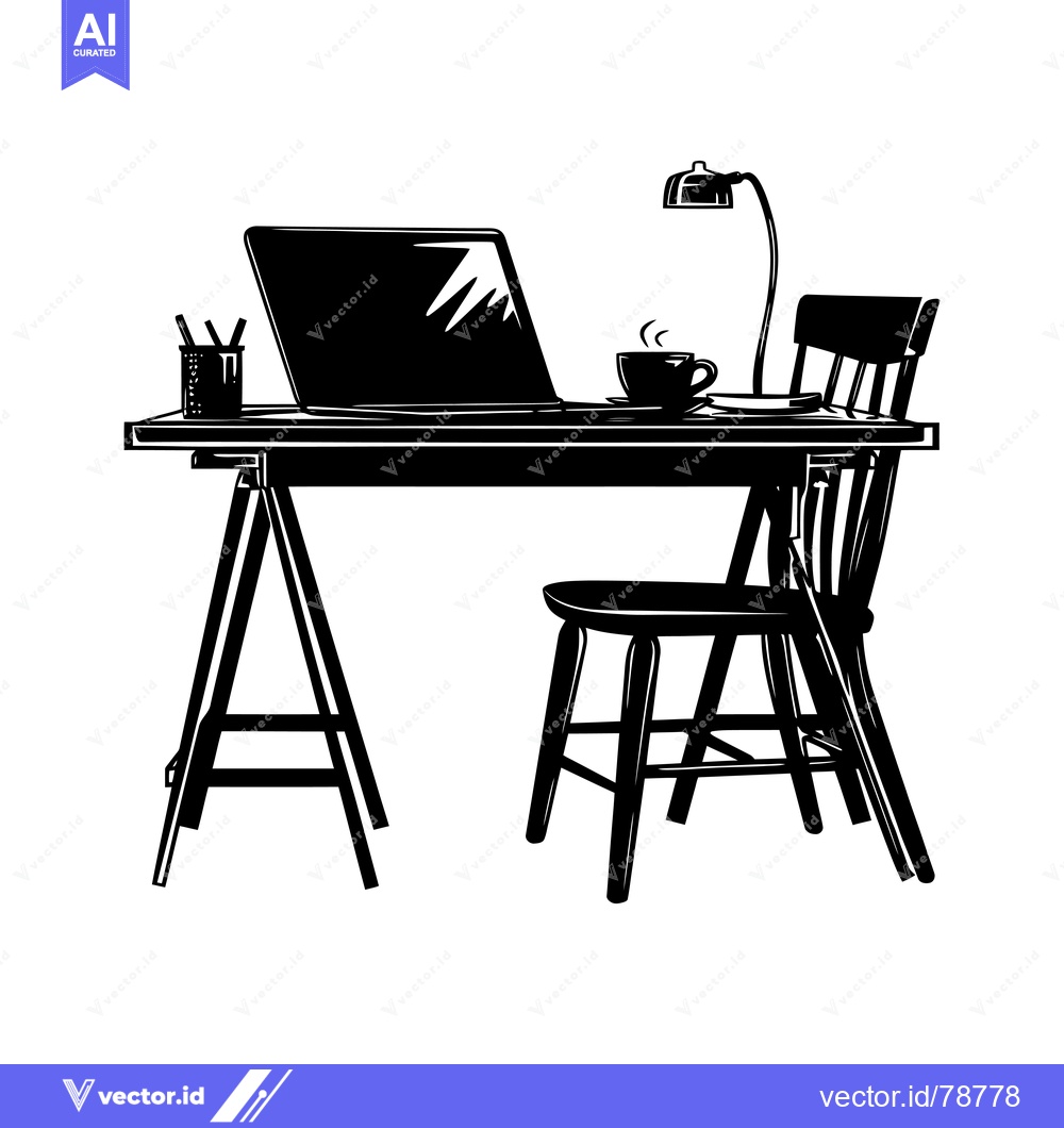 Premium Vector of Black and White Illustration of a Desk with a Laptop, Cup of Coffee, a