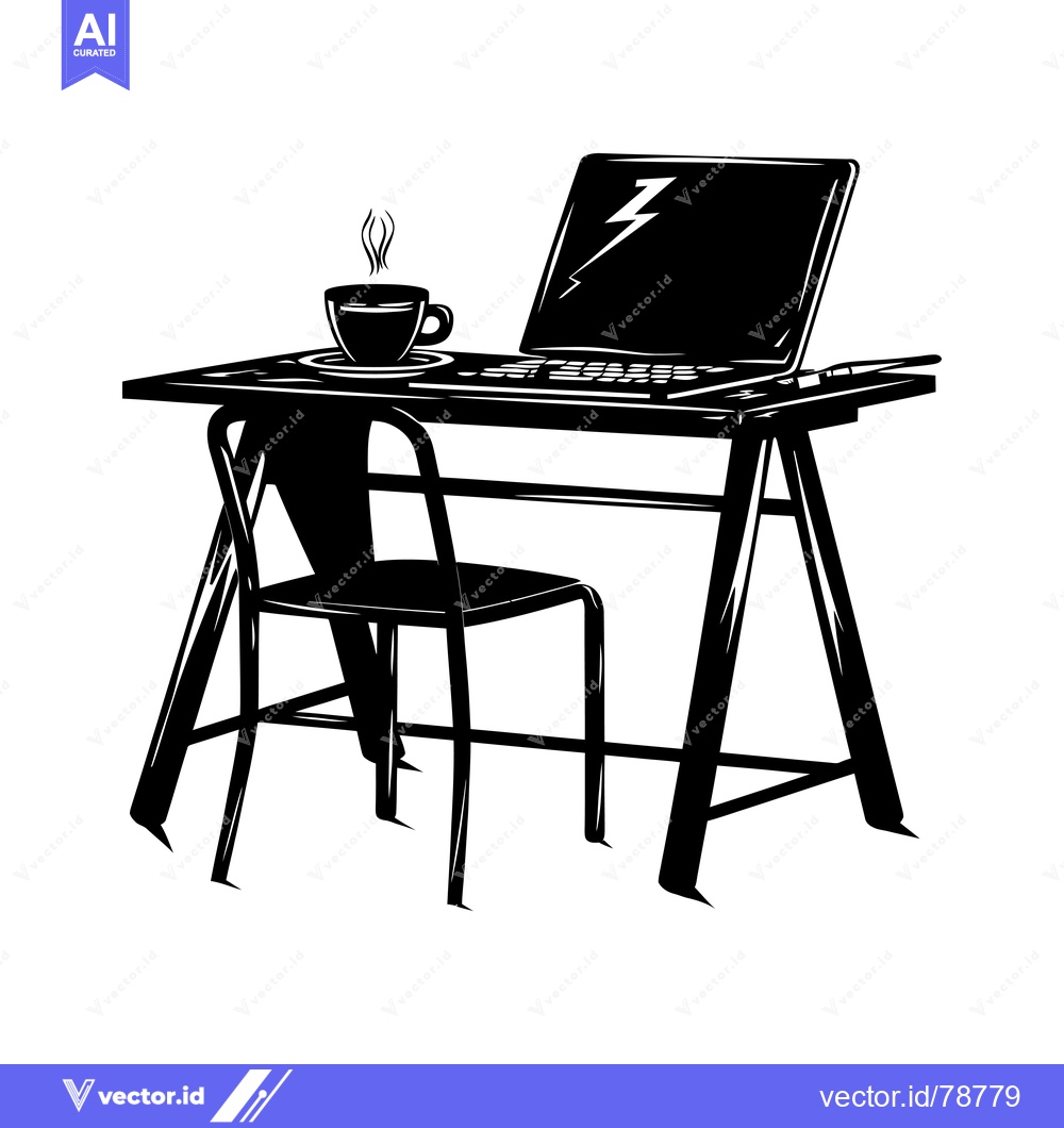Premium Vector of Black and White Illustration of a Desk with a Laptop, Chair, and a Cup