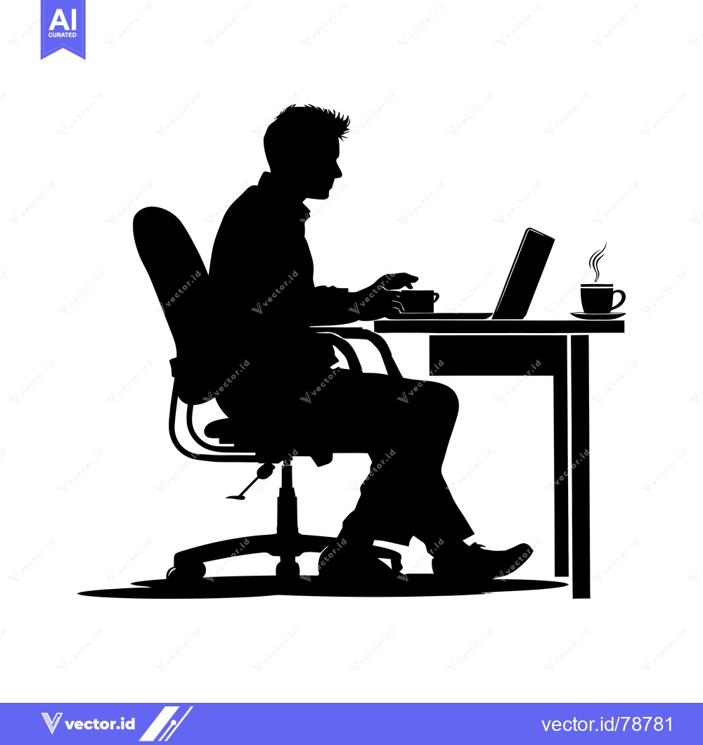 Premium Vector of Silhouette of a Man Working at a Desk with a Laptop and Coffee