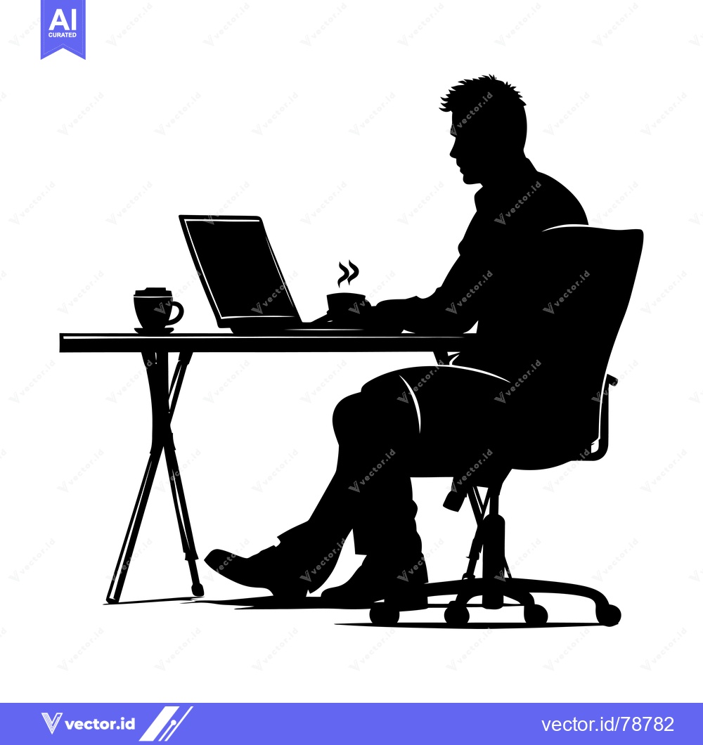 Premium Vector dari Silhouette of a Man Working at a Desk with a Laptop and a Cup of Coffe