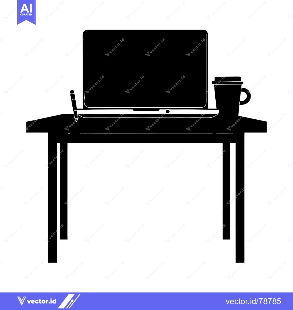 Premium Vector of Black and White Silhouette of a Desk with a Laptop, Coffee Cup, and Pe